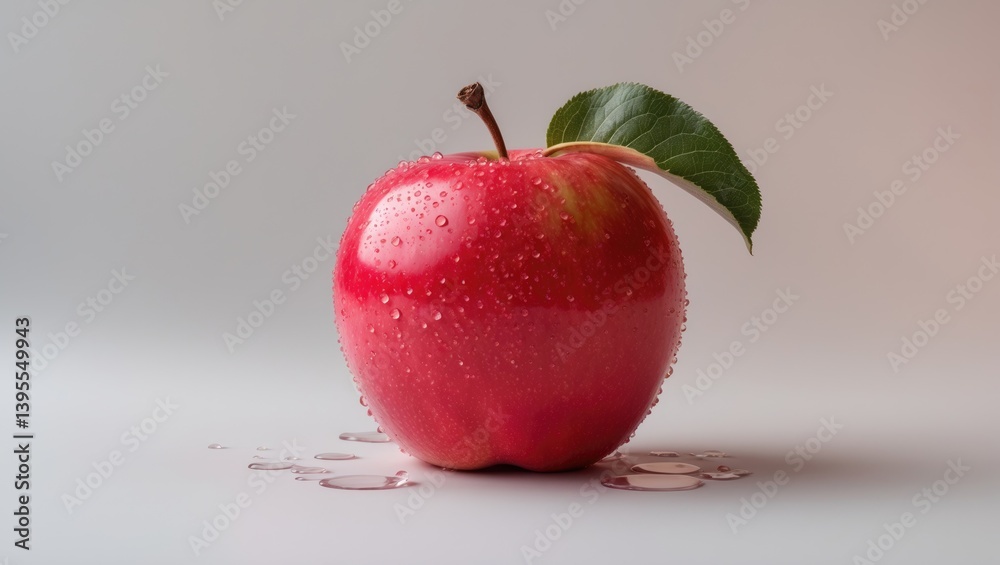 Poster isolated fresh red apple with leaf and water droplets on background. clipping path.