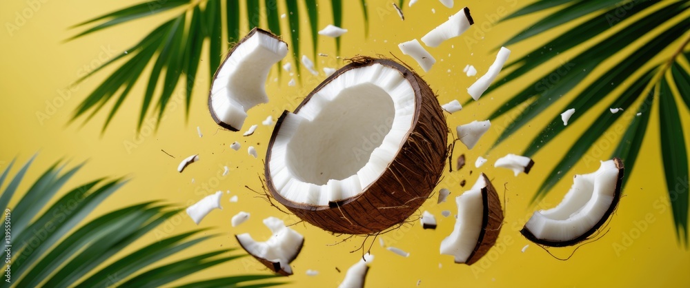 Poster isolated background featuring fresh whole and cracked coconuts with palm leaves in flight