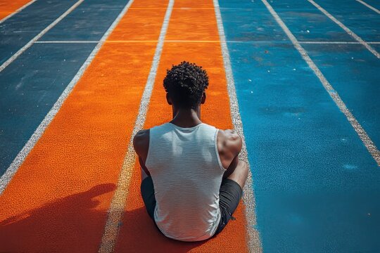 Eye bird s view of a man straching seated on a running track