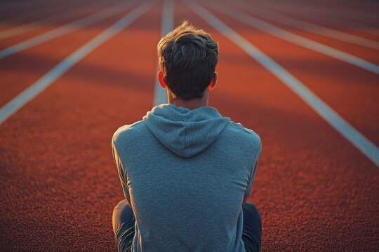 Eye bird s view of a man straching seated on a running track
