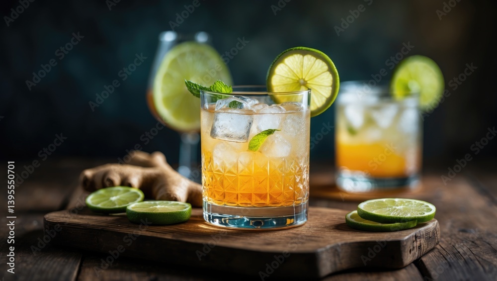 Poster cool drink crafted with ginger beer, lime, and ice. refreshment on the table