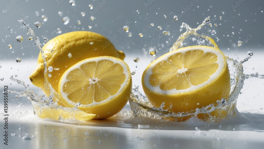 Poster white background with fresh lemon and water splashing.