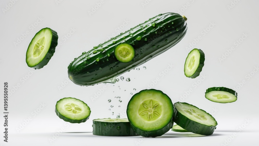 Poster Isolated white background featuring flying cucumber with a water drop and a collection of slices.