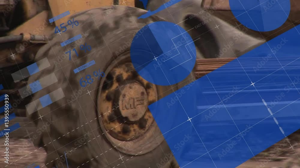 Poster blue geometric shapes and data processing animation over map background