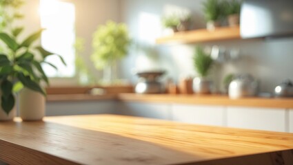 Selective focus on wooden table surface with blurred kitchen countertop background for product display montage or key visual layout design.