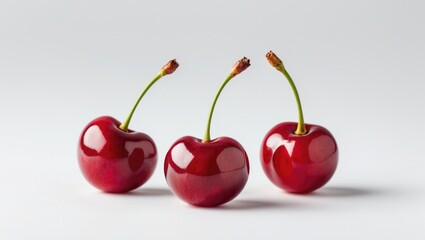 White background featuring isolated fresh red cherries