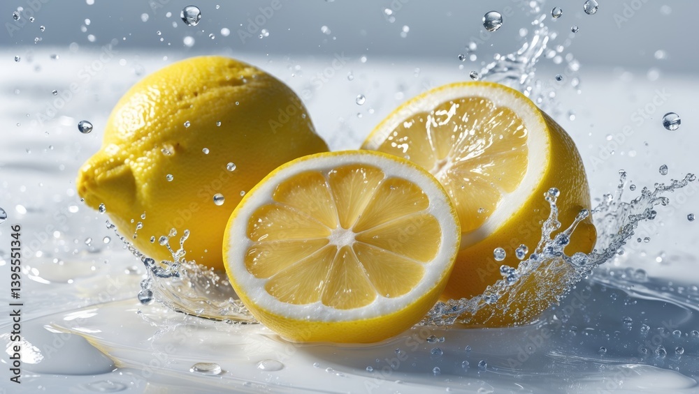 Poster fresh lemon and water create a splash on a white surface.