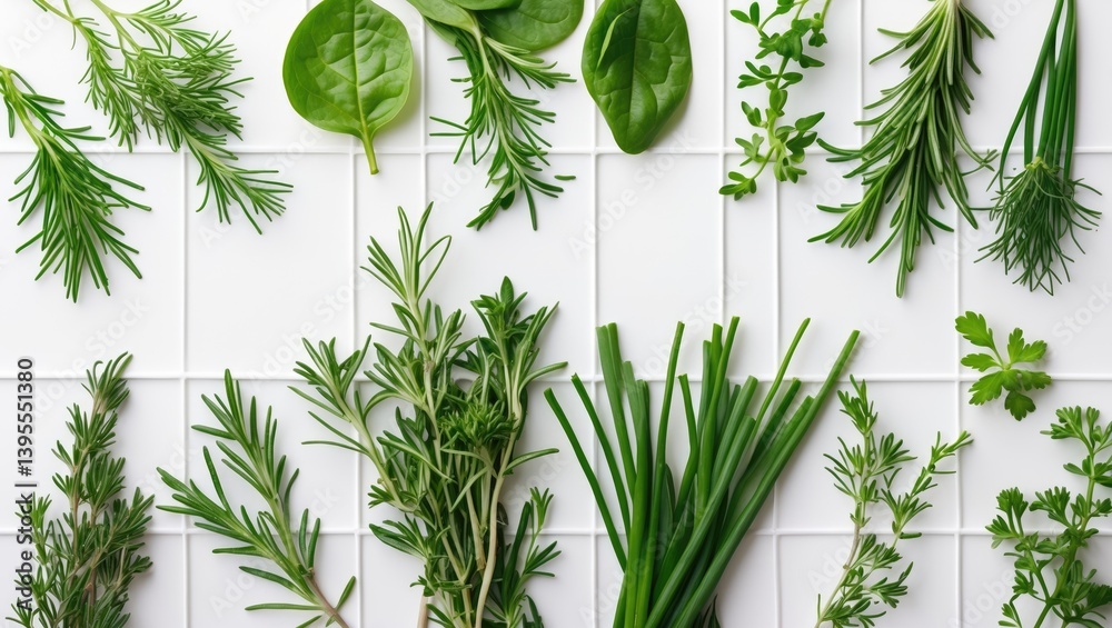 Poster top view of fresh herbs and spices isolated on a background