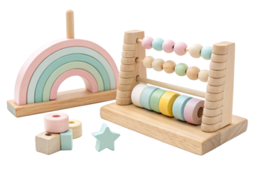 baby colored wooden toy scandinavian style,  isolated on transparent background - generated by ai