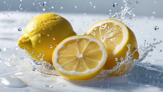 Fresh lemon and water create a splash on a white surface.