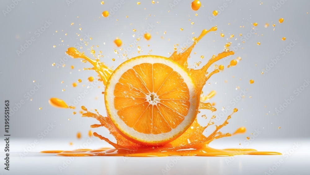 Poster Isolated background featuring frozen motion of splashing juice from sliced orange