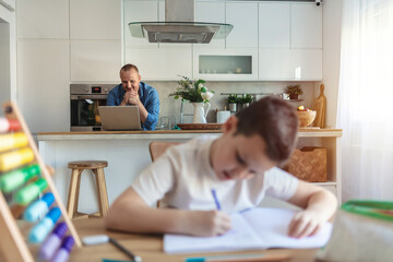 Home learning, education or face of kid studying for knowledge or growth development. Smile, portrait or happy child writing or counting on numbers to study for test in notebook alone.