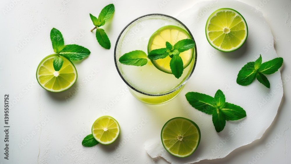 Poster Close-up of a lime and mint cocktail with ice on a white textured background. A summer citrus refreshment from above with space for text.
