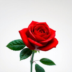 A single, perfect red rose, a timeless symbol of love and passion, elegantly presented against a soft white background.