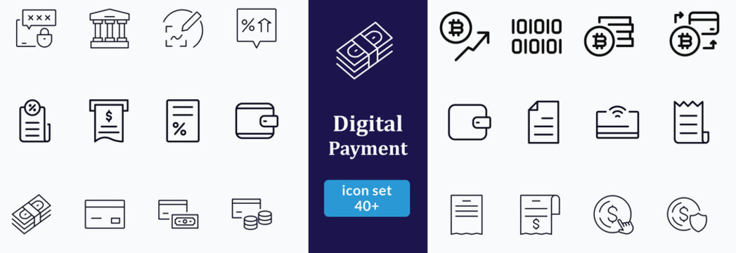 Bil and Payment line icon set. Outline bil and payment method symbols. Money transfer. Banking, credit card, cash and transaction symbol. Vector illustration