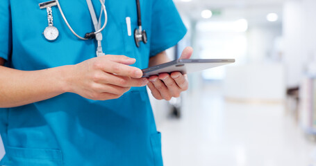 Nurse, hands and person on tablet for online healthcare, report and check telehealth records....