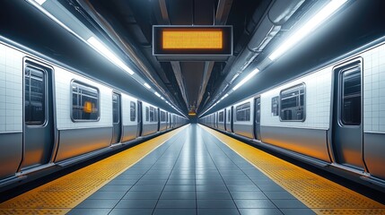 Fototapeta premium A symmetrical view of a subway station platform with trains