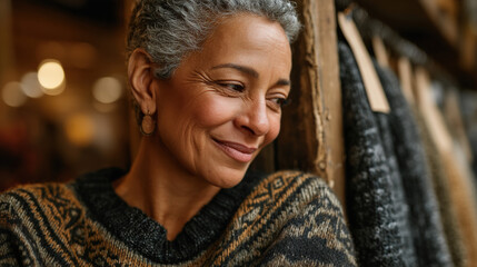 Obraz premium A middle-aged Black woman with short gray hair smiles softly while leaning against a wooden wall surrounded by cozy knitwear, exuding warmth and contentment