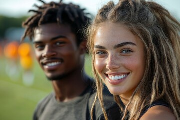 Smiling woman and man athletes looking each other standing on a running track