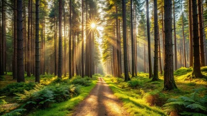 Fototapeta premium Sunlit Path Through a Verdant Forest at Dawn