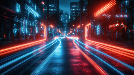 Fototapeta premium A futuristic city street at night is illuminated with vibrant red and blue neon light trails depicting fast moving vehicles creating a dynamic and energetic scene.