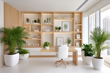 A home office filled with potted indoor plants giving a fresh natural vibe