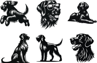 Various black and white dog silhouettes in vector art, German Wirehaired Pointer Dog Clipart set.