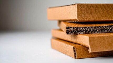 Close-up view of stacked cardboard boxes on a white surface, showcasing texture and layers