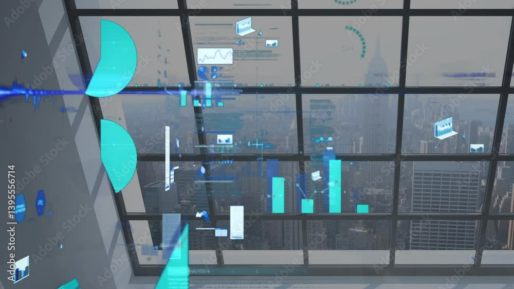 Poster digital graphs and charts animation over cityscape viewed through large windows