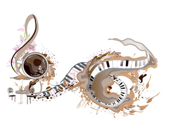Coffee music. Abstract treble clef decorated with coffee wave, beans and a cup. Hand drawn vector illustration.