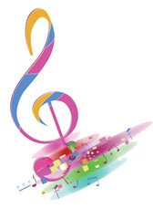 Abstract musical design with a treble clef and colorful splashes, notes and waves.  Colorful treble clef. Hand drawn vector illustration.