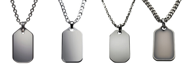 Set of a blank dog tag on a chain necklace, isolated on a transparent background.