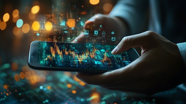 Hands interact with data display on mobile device; digital information flows, connecting people and ideas.