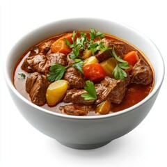 Hearty Beef Stew with Carrots and Potatoes in White Bowl