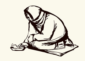 Vector Drawing. Girl askng for Alms