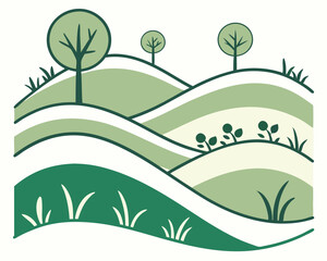 Obraz premium Stylized rolling hills landscape with trees in shades of green and beige.