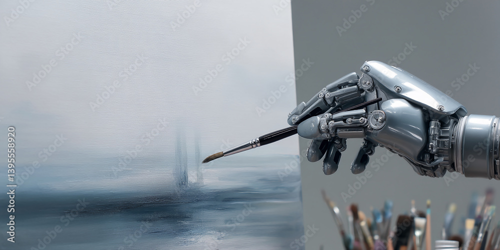 Poster robotic hand delicately paints a canvas, showcasing technological artistry and innovation in creativ