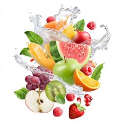Naklejka premium Fresh Fruits Splashing with Water in Vibrant Composition