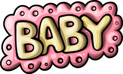 A shiny and colorful text design featuring the word "Baby" in soft yellow letters on a pink bubbly background