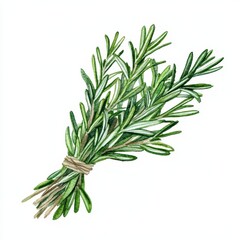 Fototapeta premium Watercolor Illustration of Fresh Green Rosemary Bundle Tied with Twine on White