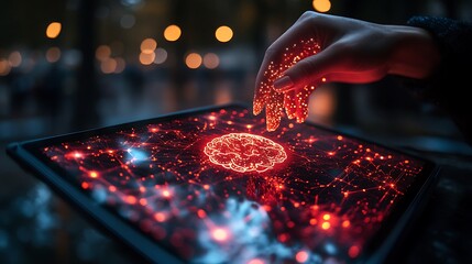 Hand Interacting with Digital Interface Displaying a Glowing Brain Concept, Data Connection and Technology.