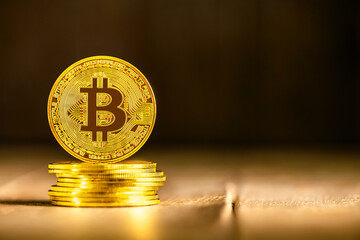 Large, golden physical bitcoin stands on a stack of bitcoins, representing investment,...