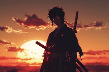 A hero with a katana stands against the sunset, his eyes shining with determination. Anime