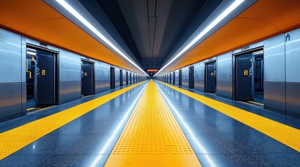 Fototapeta premium A modern underground train station hallway with symmetrical design
