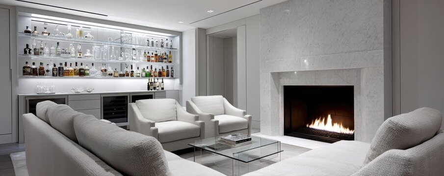 Sleek, modern basement bar features a built-in fireplace, providing a sophisticated entertainment space - sophisticated stylish bottles lighting