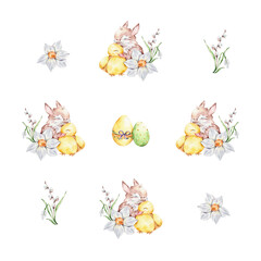 Pattern with a baby rabbit and a duckling hugging, colorful eggs and a bouquet of snowdrop, willows and daffodil on a white background.