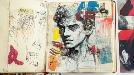 Fototapeta premium Sketchbook with portrait drawing and abstract colorful elements on paper pages.