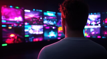 Person observing vibrant digital screens displaying colorful visuals in a dark environment
