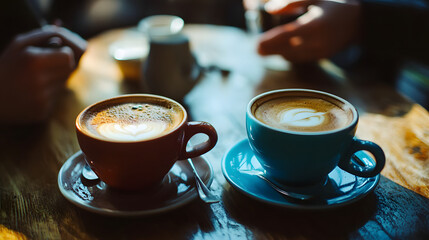Two lattes with beautiful latte art, served in colorful mugs on a wooden table, close up.