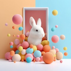 Fototapeta premium Cute Rabbit Surrounded by Colorful Foam Balls in Modern Setting